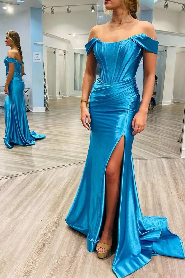 Vestido de fiesta de sirena plisado con hombros descubiertos