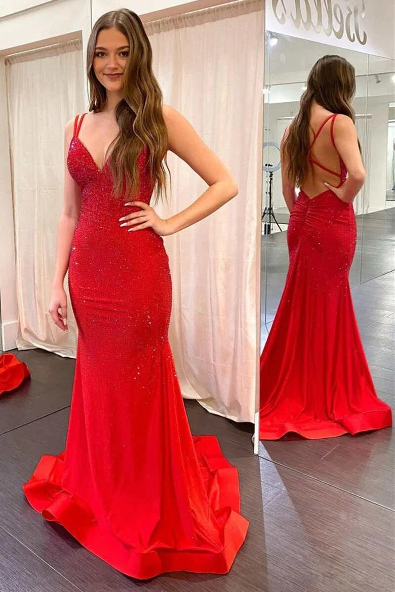 Vestido de fiesta de sirena con escote en V, espalda descubierta y cola, con tirantes finos y cuentas