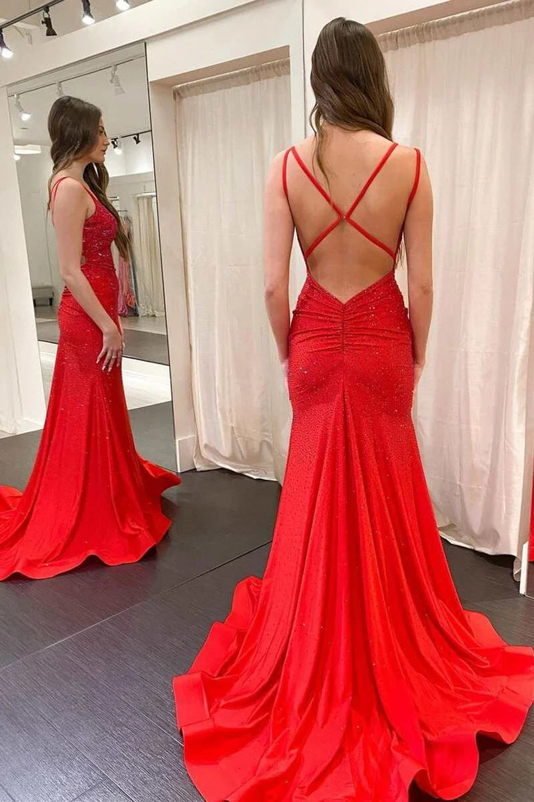 Vestido de fiesta de sirena con escote en V, espalda descubierta y cola, con tirantes finos y cuentas