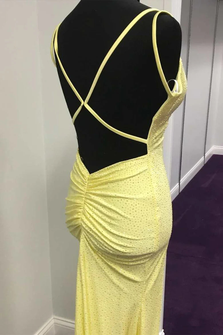 Vestido de fiesta de sirena con escote en V, espalda descubierta y cola, con tirantes finos y cuentas
