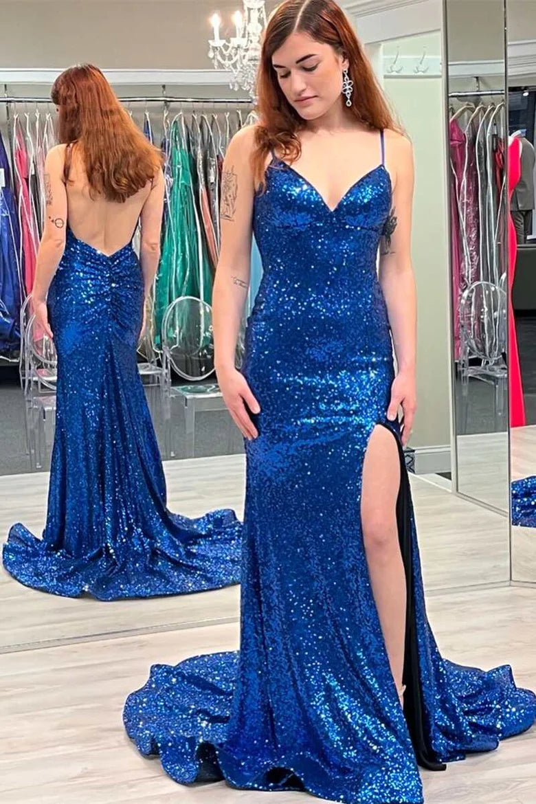 Vestido de fiesta largo de sirena con escote en V, espalda descubierta y lentejuelas con abertura