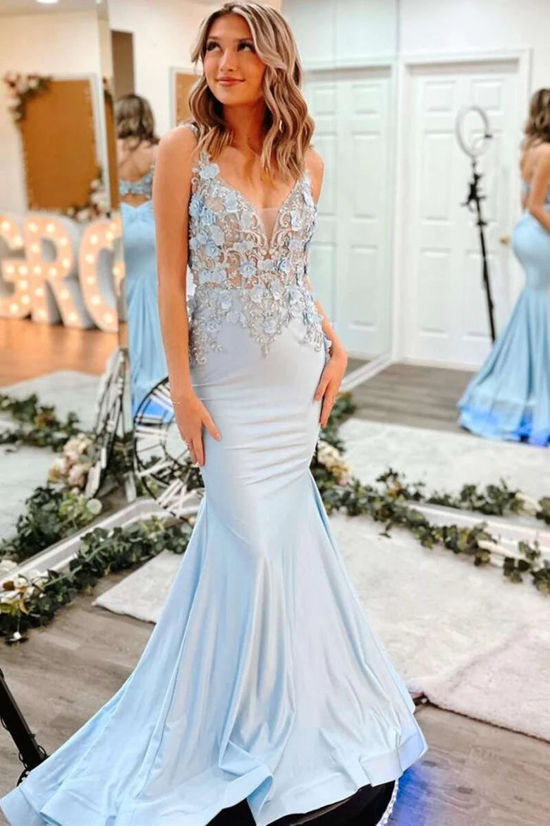 Spaghetti Straps V-Neck 3D Floral Lace Backless Floor Length Prom Dress
