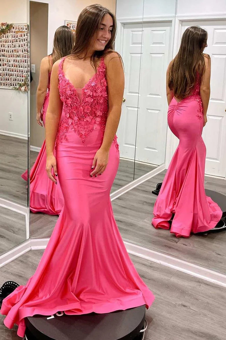 Spaghetti Straps V-Neck 3D Floral Lace Backless Floor Length Prom Dress