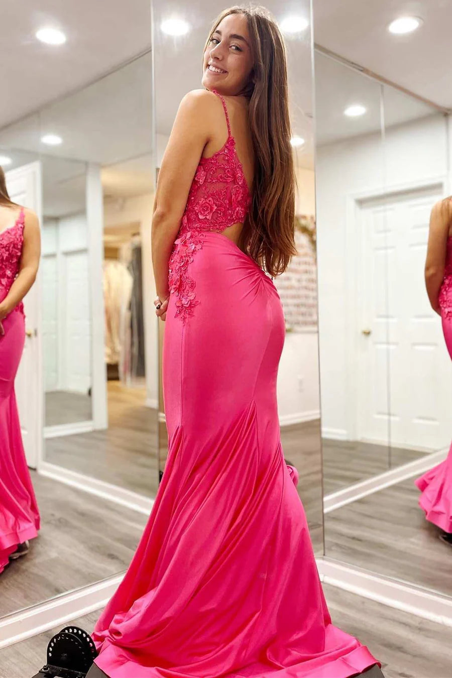 Spaghetti Straps V-Neck 3D Floral Lace Backless Floor Length Prom Dress