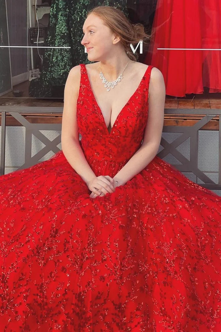 Robe de bal trapèze en tulle sans manches, longueur au sol, princesse, dentelle, col en V, dos nu