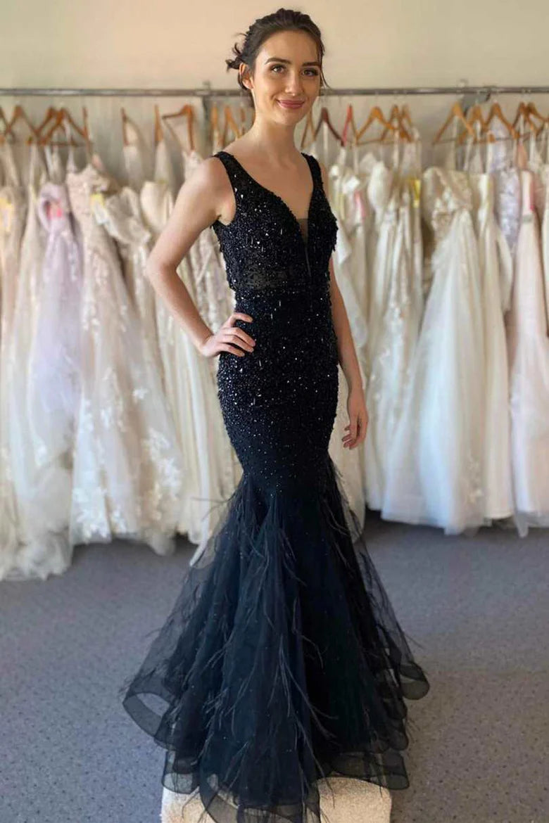 V-Neck Backless Rhinestone Trumpet Prom Dress