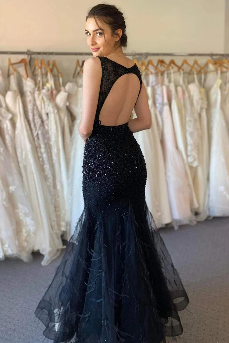V-Neck Backless Rhinestone Trumpet Prom Dress