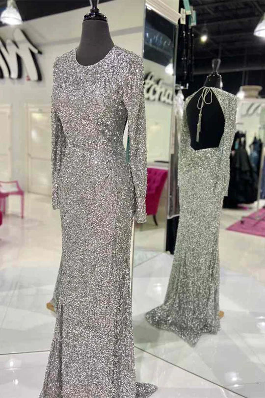 Sequin Backless Sleeve Prom Dress