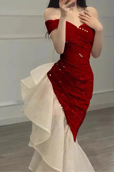 Vestido de fiesta elegante de sirena rosa con hombros descubiertos y corte asimétrico