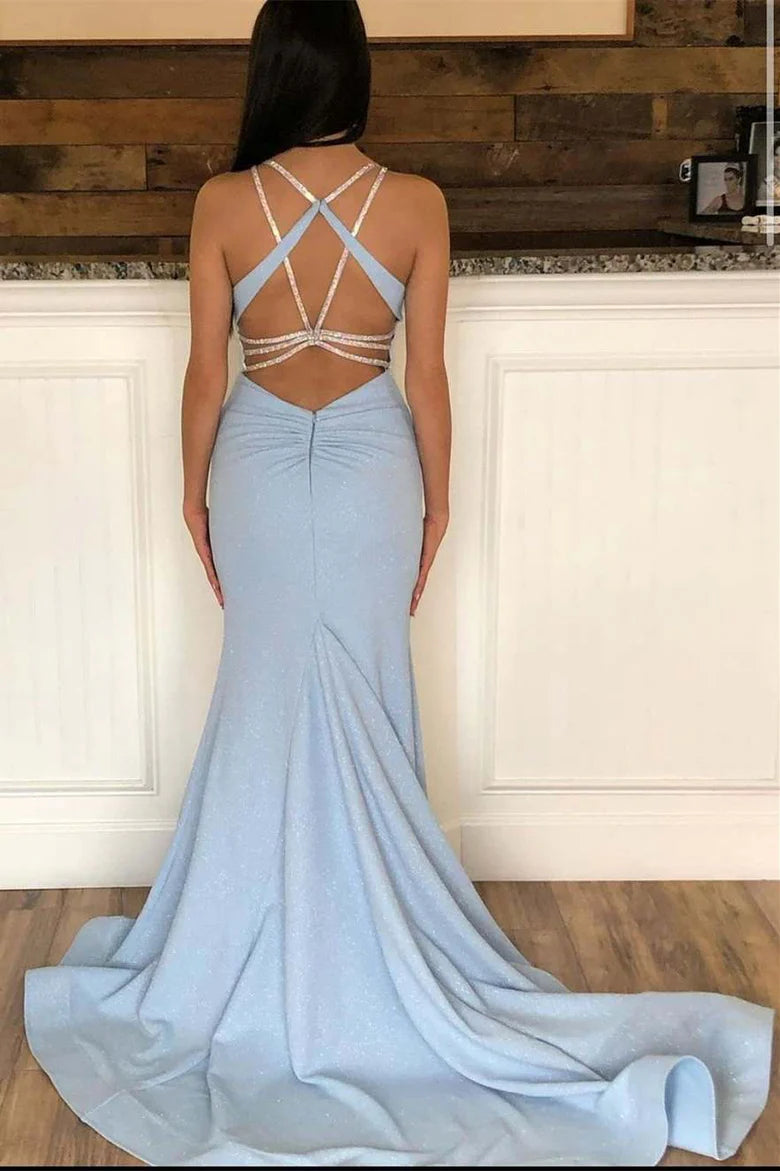 Sleeveless Spaghetti Straps Round Neck Beaded Backless Trumpet Prom Dress With Train