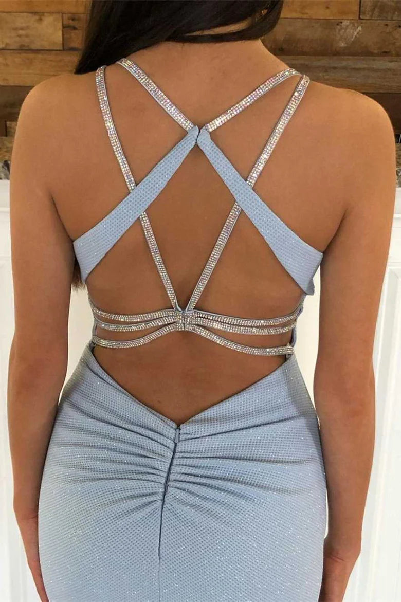 Sleeveless Spaghetti Straps Round Neck Beaded Backless Trumpet Prom Dress With Train