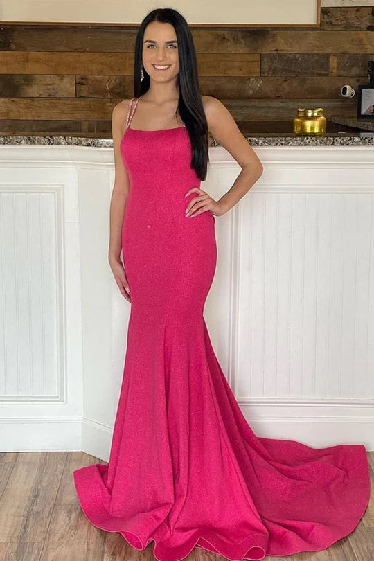 Sleeveless Spaghetti Straps Round Neck Beaded Backless Trumpet Prom Dress With Train