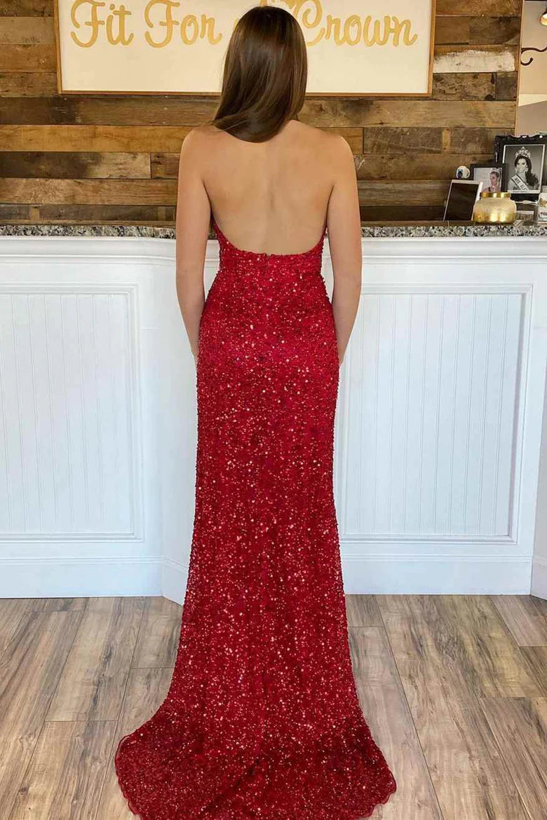 Deep V Neck Sequin Halter Backless Prom Dress with Side Slit