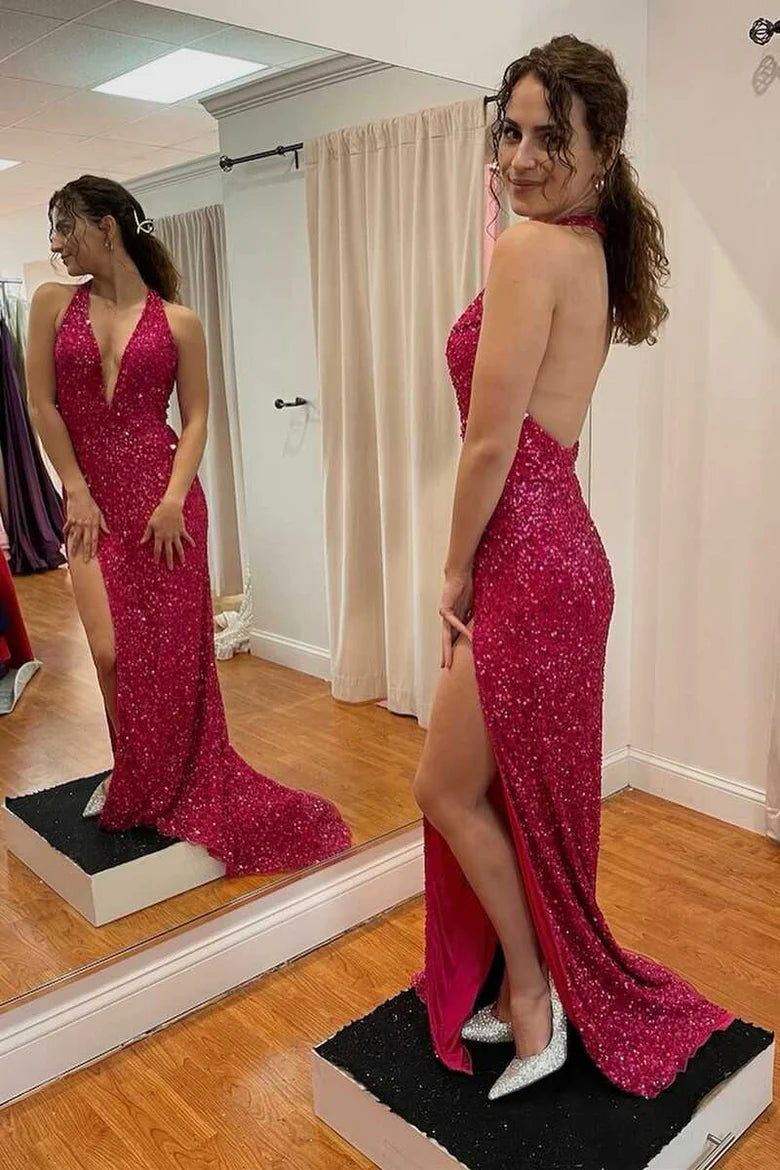 Deep V Neck Sequin Halter Backless Prom Dress with Side Slit