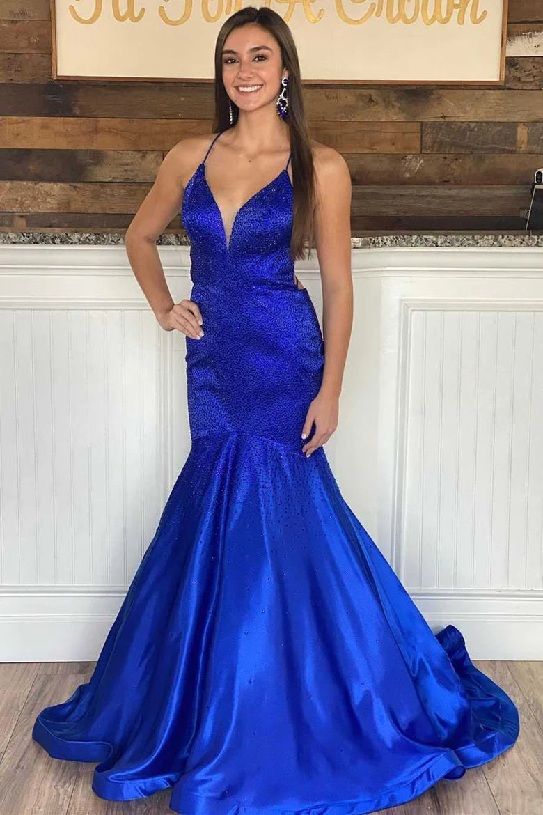 Beaded V-Neck Lace-Up Trumpet Prom Dress