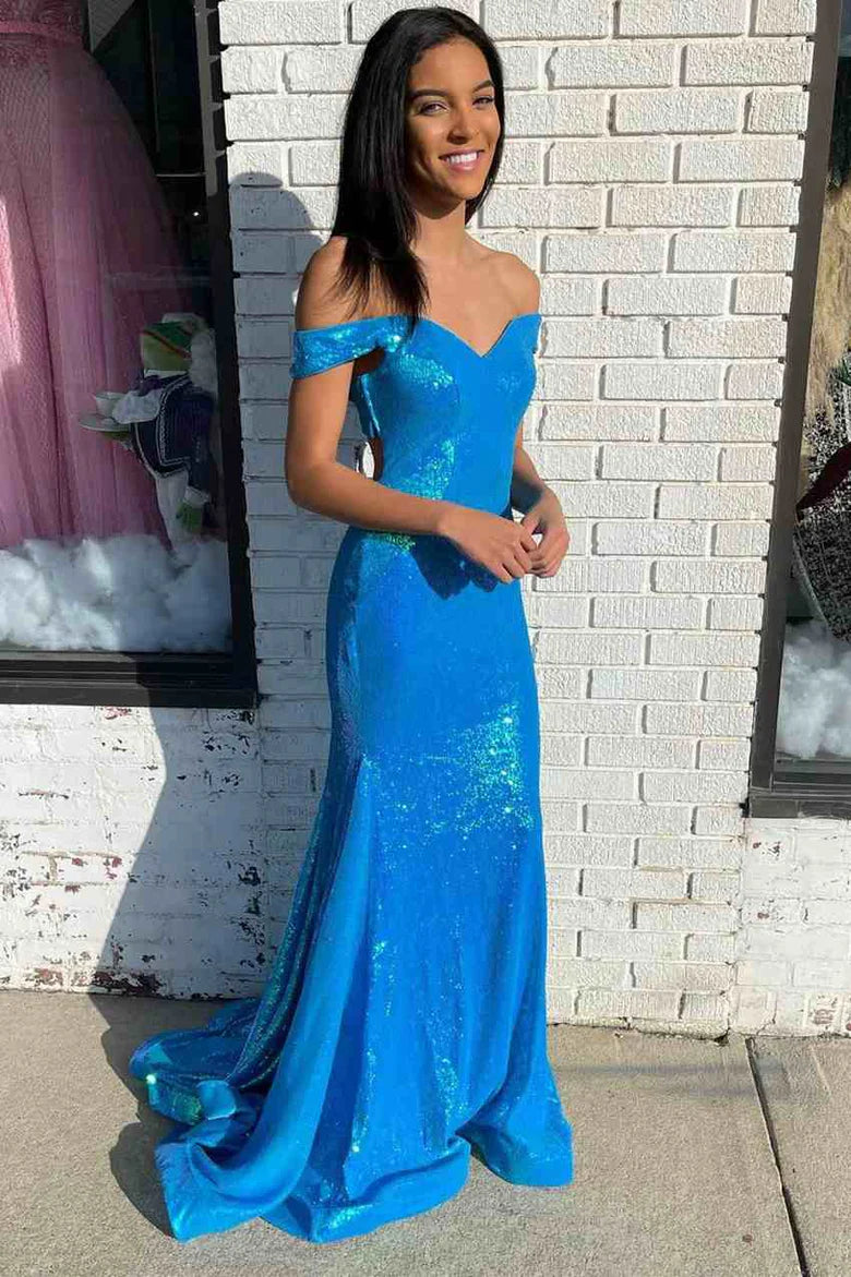 Vestido de fiesta de sirena con lentejuelas, hombros descubiertos y espalda descubierta