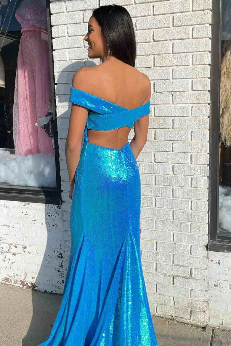 Vestido de fiesta de sirena con lentejuelas, hombros descubiertos y espalda descubierta