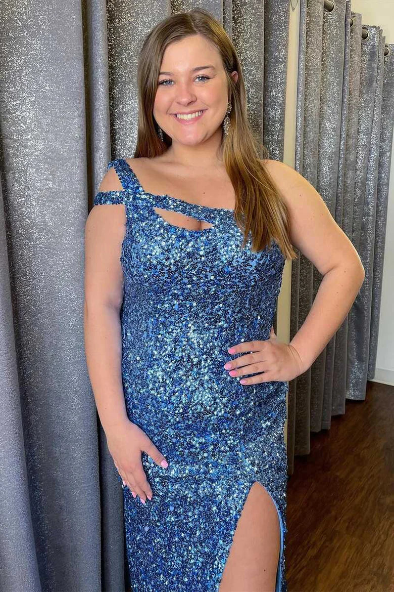 Vestido de fiesta de sirena con lentejuelas, un hombro descubierto y escote en la espalda 