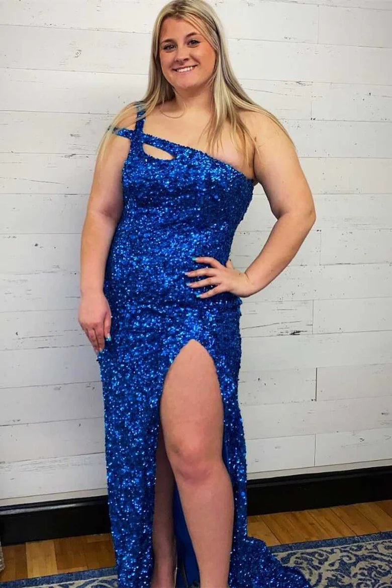 Vestido de fiesta de sirena con lentejuelas, un hombro descubierto y escote en la espalda 