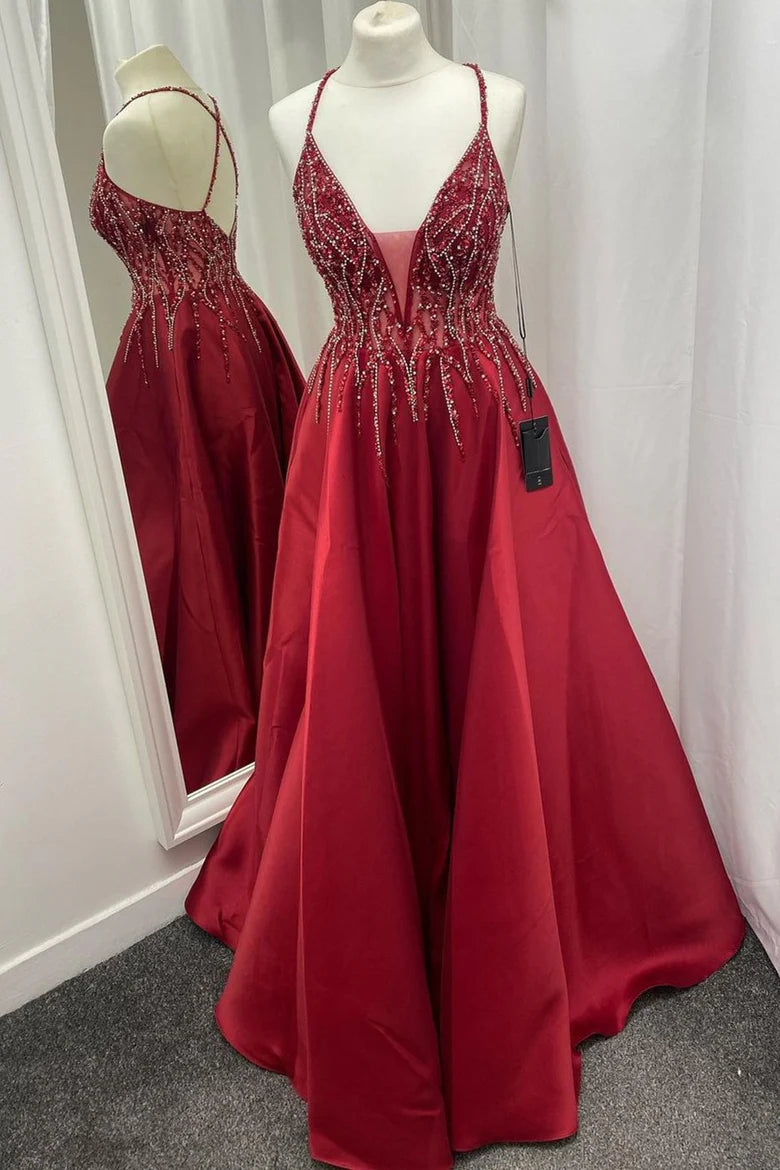 Vestido de fiesta de satén con cuentas, escote en V y espalda descubierta