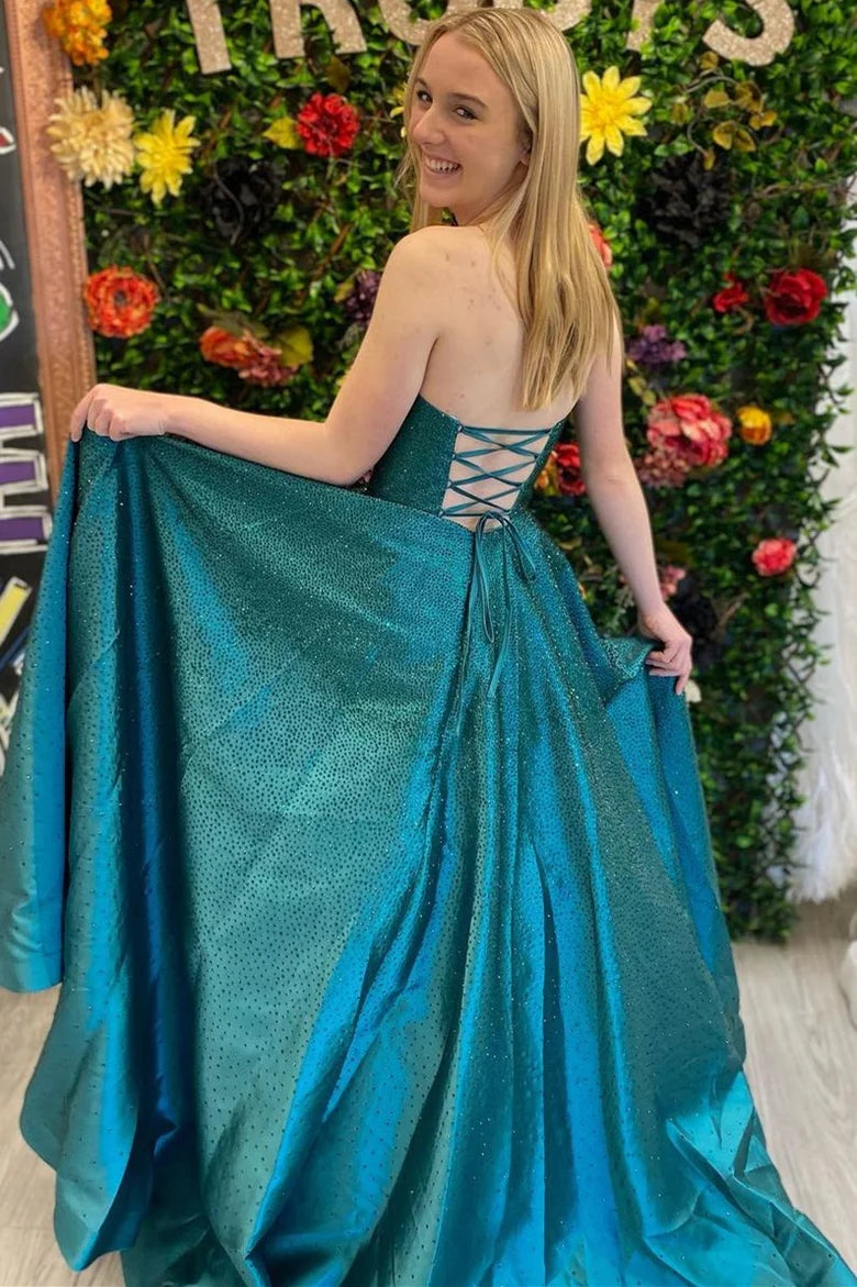 Robe de bal trapèze sans bretelles, longueur au sol, épaules dénudées