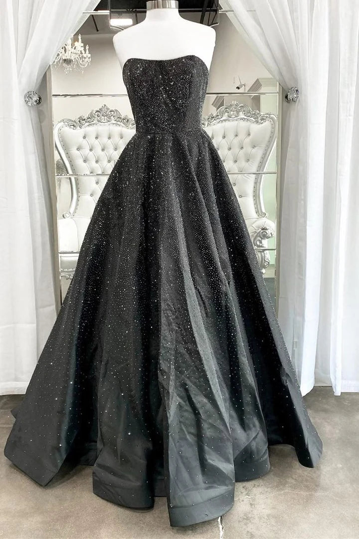 Robe de bal trapèze sans bretelles, longueur au sol, épaules dénudées