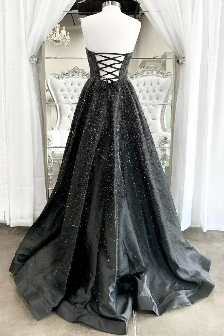 Robe de bal trapèze sans bretelles, longueur au sol, épaules dénudées