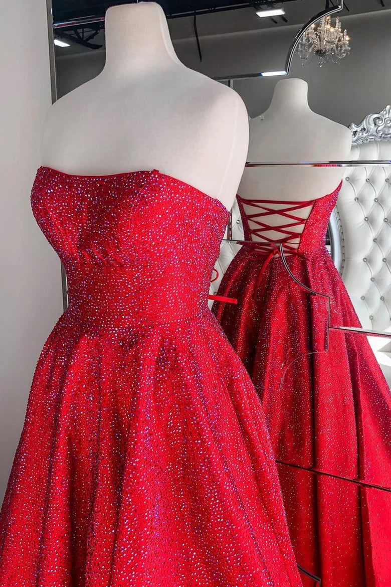 Robe de bal trapèze sans bretelles, longueur au sol, épaules dénudées