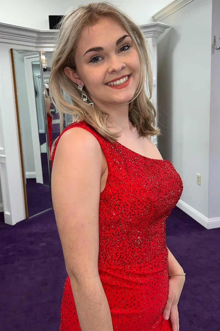 Vestido de fiesta de sirena con un solo hombro y cuentas