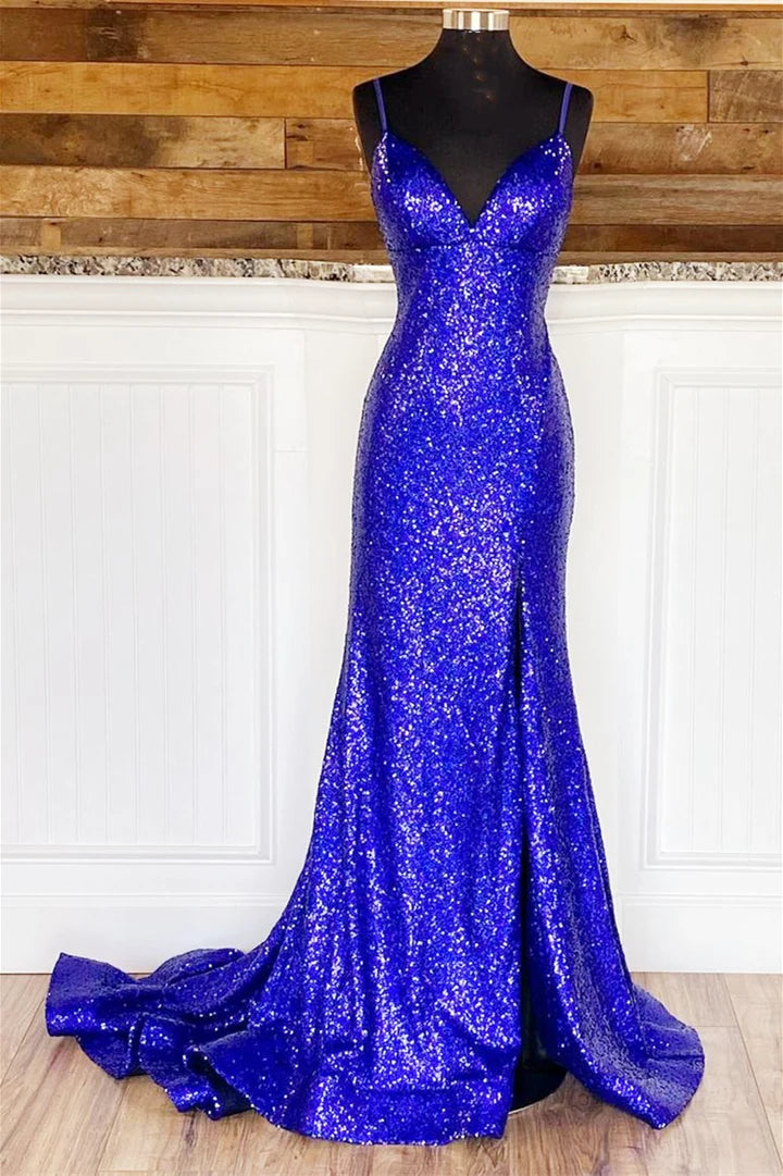 Vestido de fiesta de sirena con espalda descubierta y lentejuelas