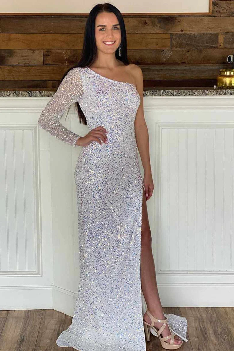 Vestido de fiesta largo estilo sirena con abertura lateral y un hombro con lentejuelas