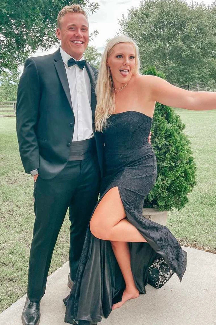 Vestido de fiesta de sirena sin tirantes de encaje