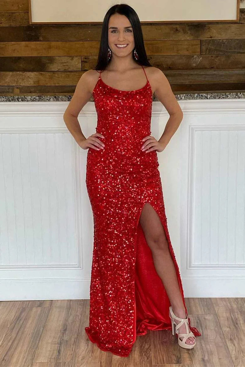 Vestido de fiesta de sirena con tirantes finos, lentejuelas, cuello halter, espalda descubierta y abertura