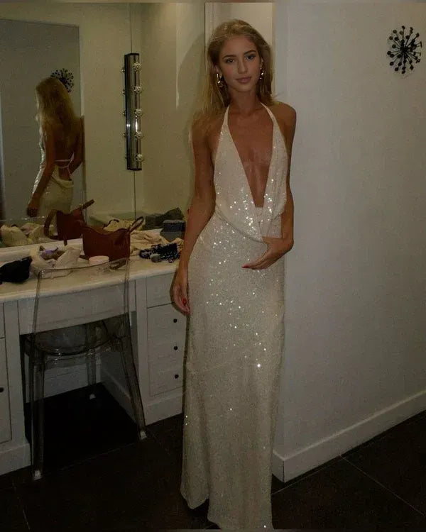 Weitese Formal Women's Dresses Champagne V Neck Sequin Long Prom Dress Evening Dress Party Dress Prom Dress Store