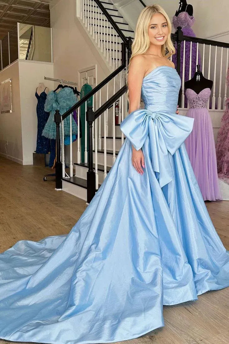 Robe de soirée longue en satin bleu clair avec nœud pour femme, coupe trapèze, sans bretelles, style Weitese 