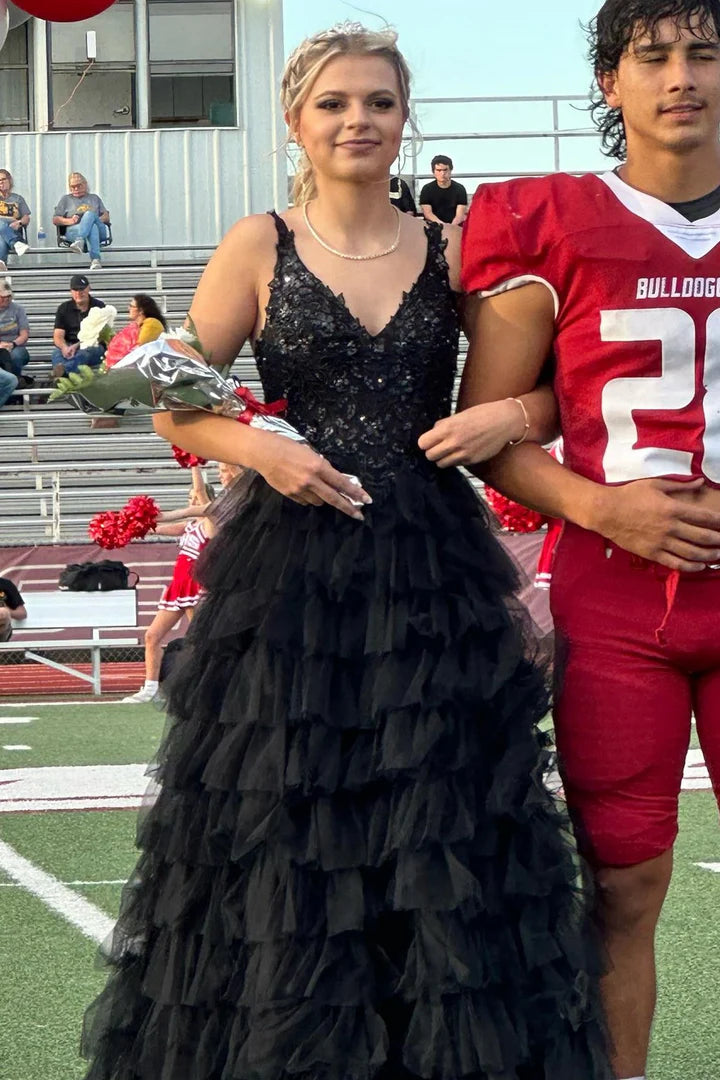 V-Neck Lace Appliques Ruffle Tiered Prom Dress With Slit