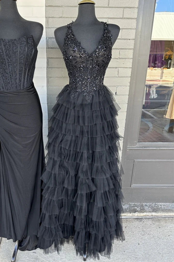 V-Neck Lace Appliques Ruffle Tiered Prom Dress With Slit