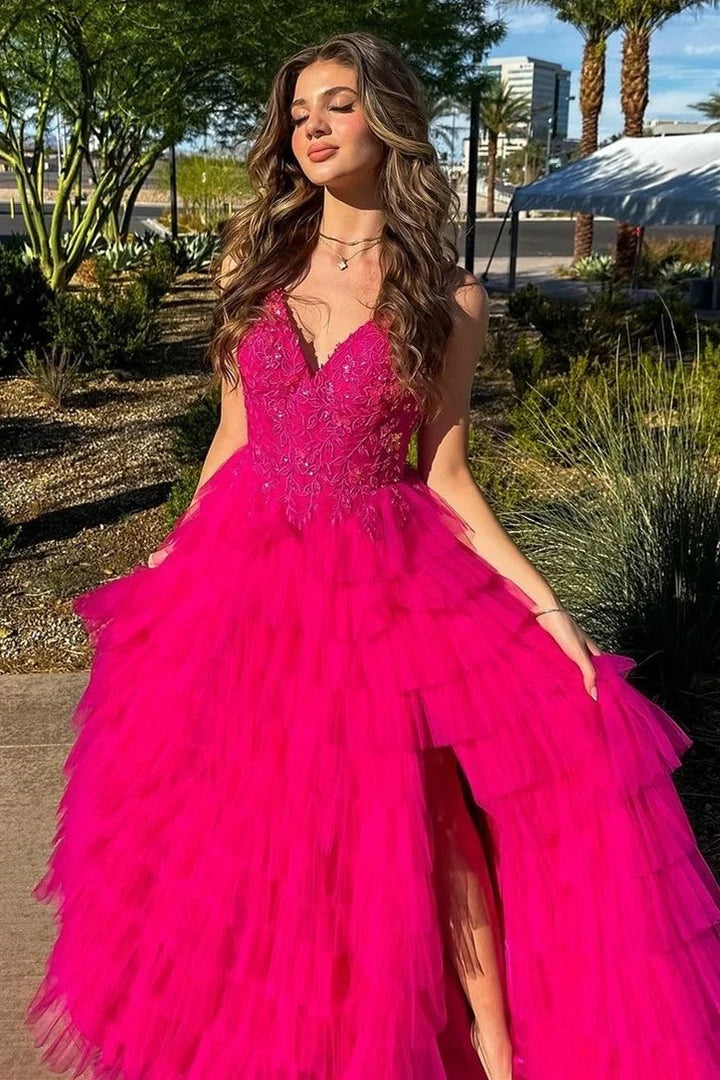 V-Neck Lace Appliques Ruffle Tiered Prom Dress With Slit