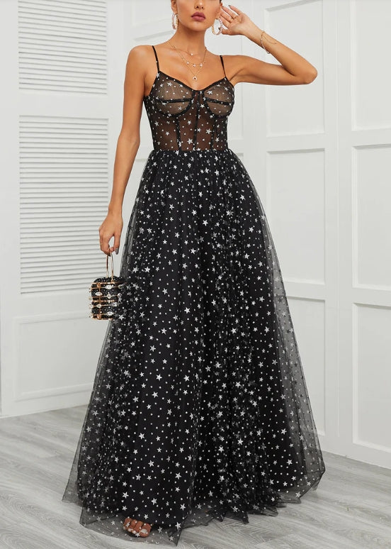 Robe de bal trapèze à sequins et corsage transparent