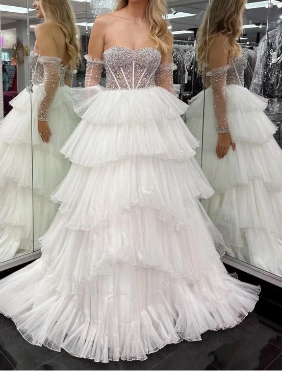 Sweetheart Tiered Prom Dress with Detachable Sleeves