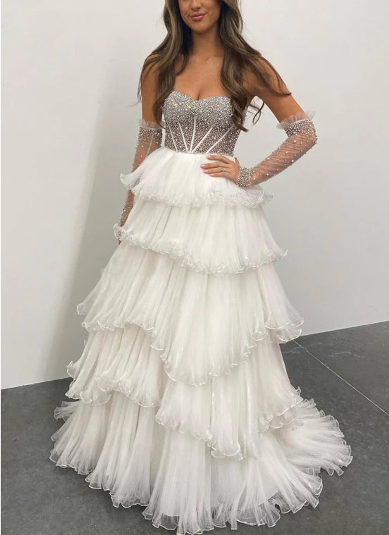 Sweetheart Tiered Prom Dress with Detachable Sleeves