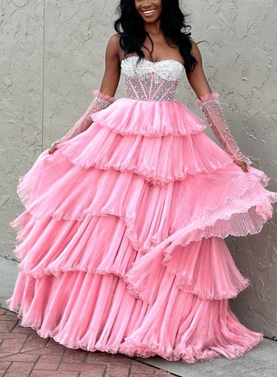 Sweetheart Tiered Prom Dress with Detachable Sleeves