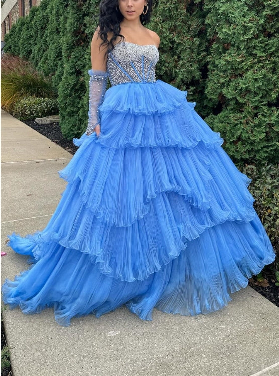 Sweetheart Tiered Prom Dress with Detachable Sleeves