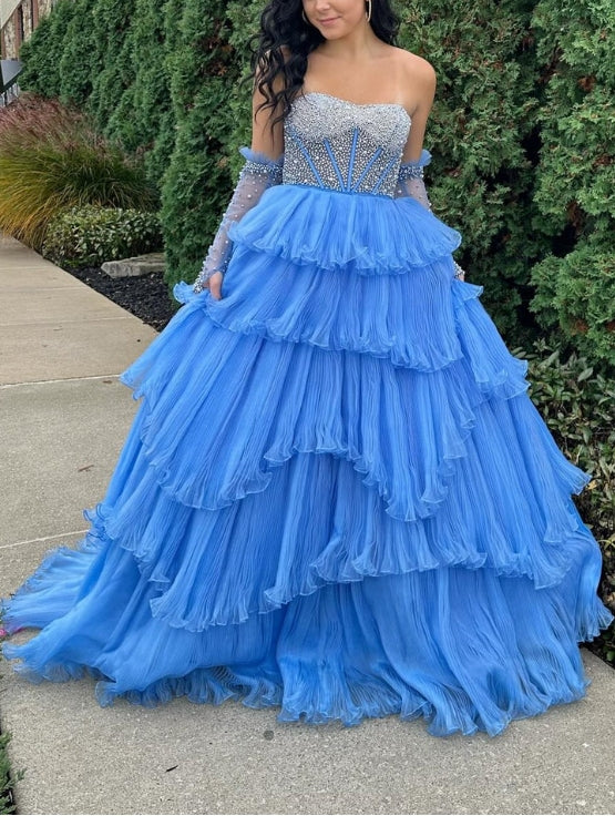 Sweetheart Tiered Prom Dress with Detachable Sleeves