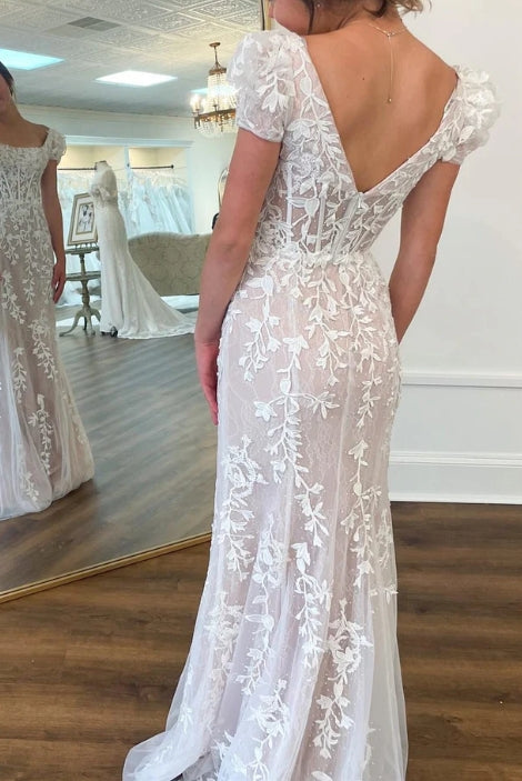 Square Neck Puff Sleeves Tulle Prom Dress With Applique