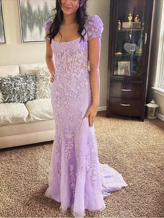 Square Neck Puff Sleeves Tulle Prom Dress With Applique