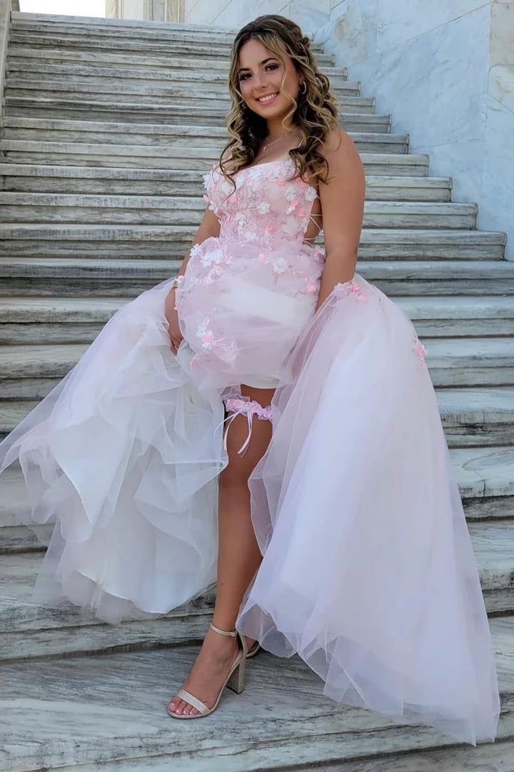 Tulle Lace-Up Back Prom Dress with 3D Floral Lace