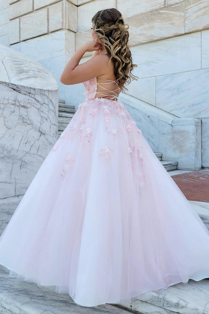 Tulle Lace-Up Back Prom Dress with 3D Floral Lace
