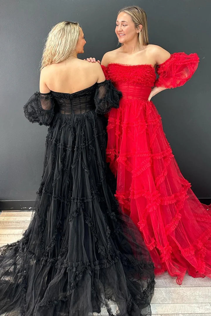 Robe de bal trapèze bustier à volants et manches bouffantes