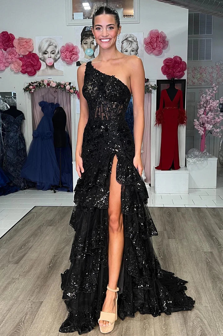 One-Shoulder Tiered Long Prom Dress with Slit